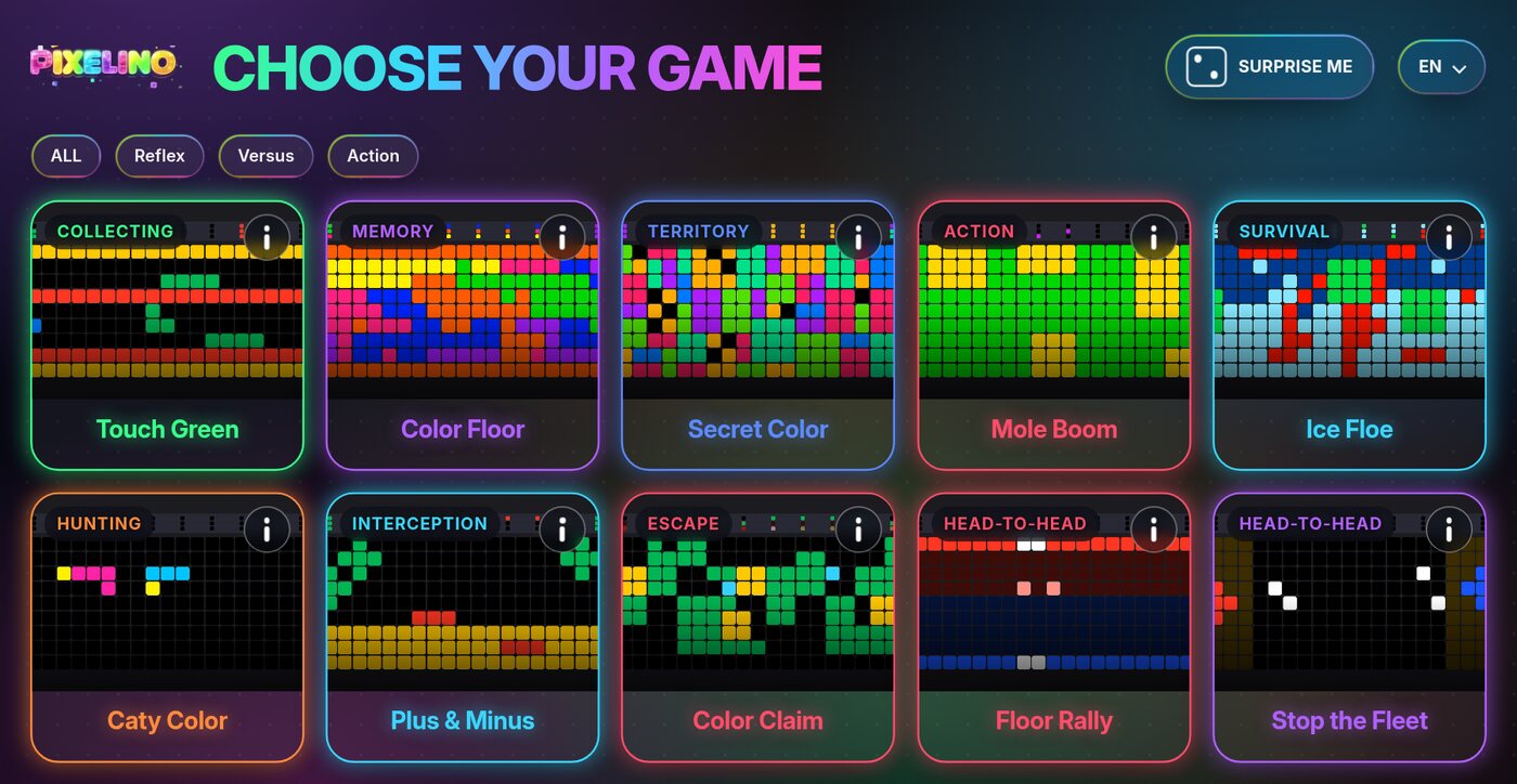 Pixelino customer touchscreen, game selection menu